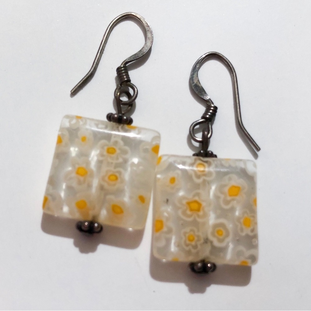 Vintage Murano-style art glass earrings millefiori daisy white yellow sterling?